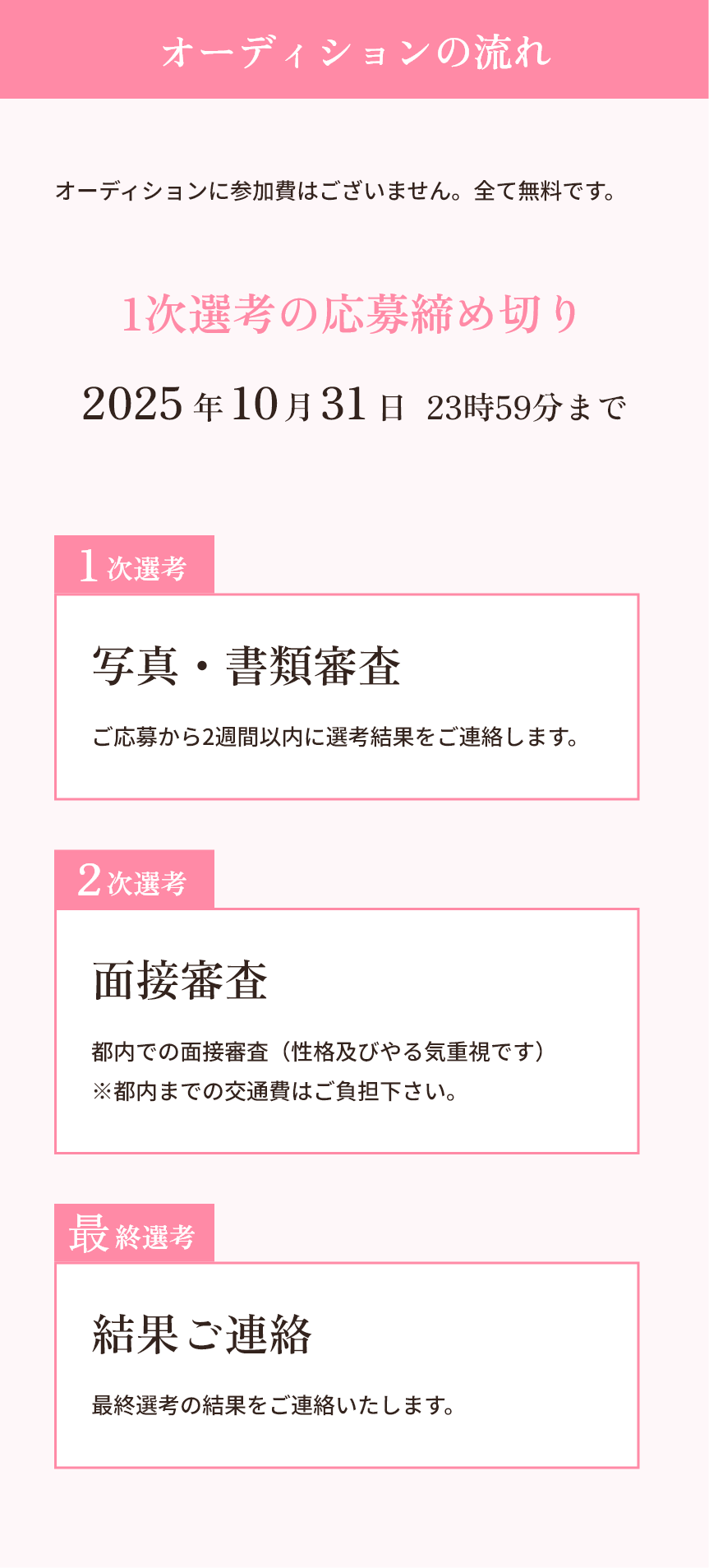 【オーディションの流れ】オーディションに参加費はございません。全て無料です。1次選考の応募締め切り2025年10月31日23時59分まで。1次選考「写真・書類審査」ご応募から2週間以内に選考結果をご連絡します。2次選考「面接審査」都内での面接審査(性格及びやる気重視です)※都内までの交通費はご負担下さい。最終選考「結果ご連絡」最終選考の結果をご連絡いたします。